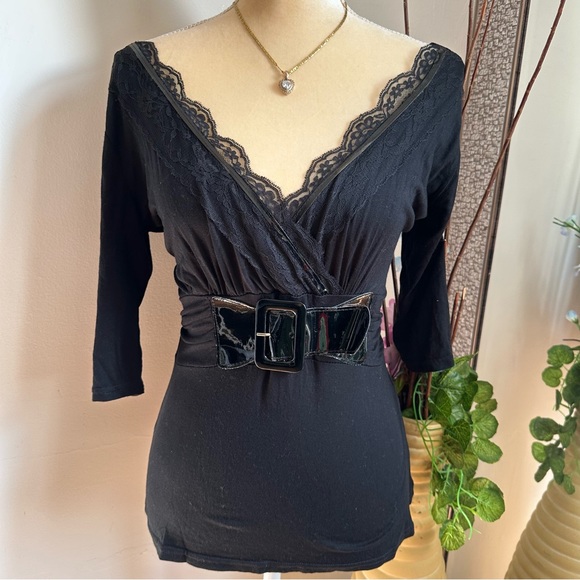 Y2k Black Lace Neck Top - Picture 1 of 7